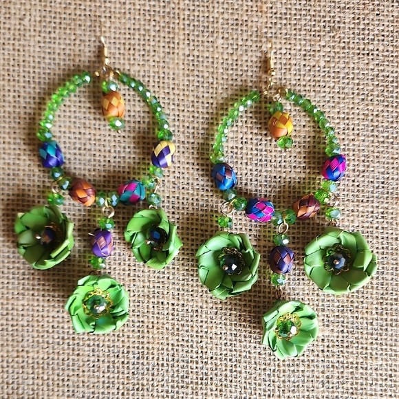 Green and Blue Floral Hoop Earrings - Picture 4 of 4